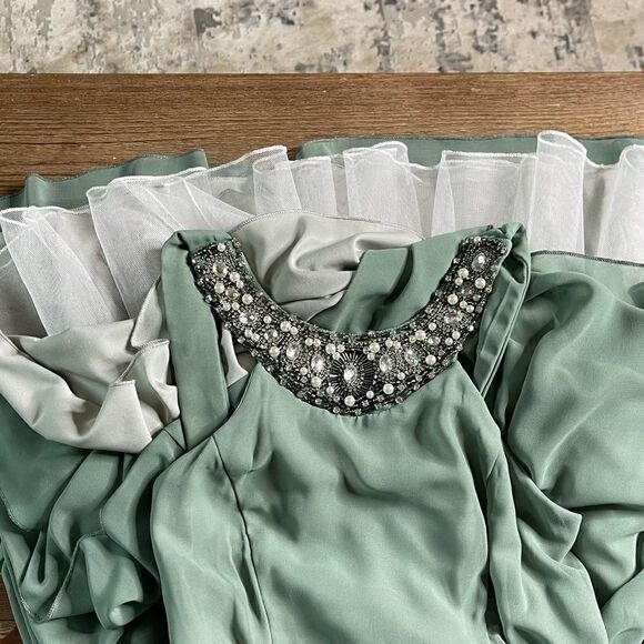 City Studio Seafoam Jewel Neckline Pleated 50’s Vibe Dress Size 5 NWT - Picture 9 of 16